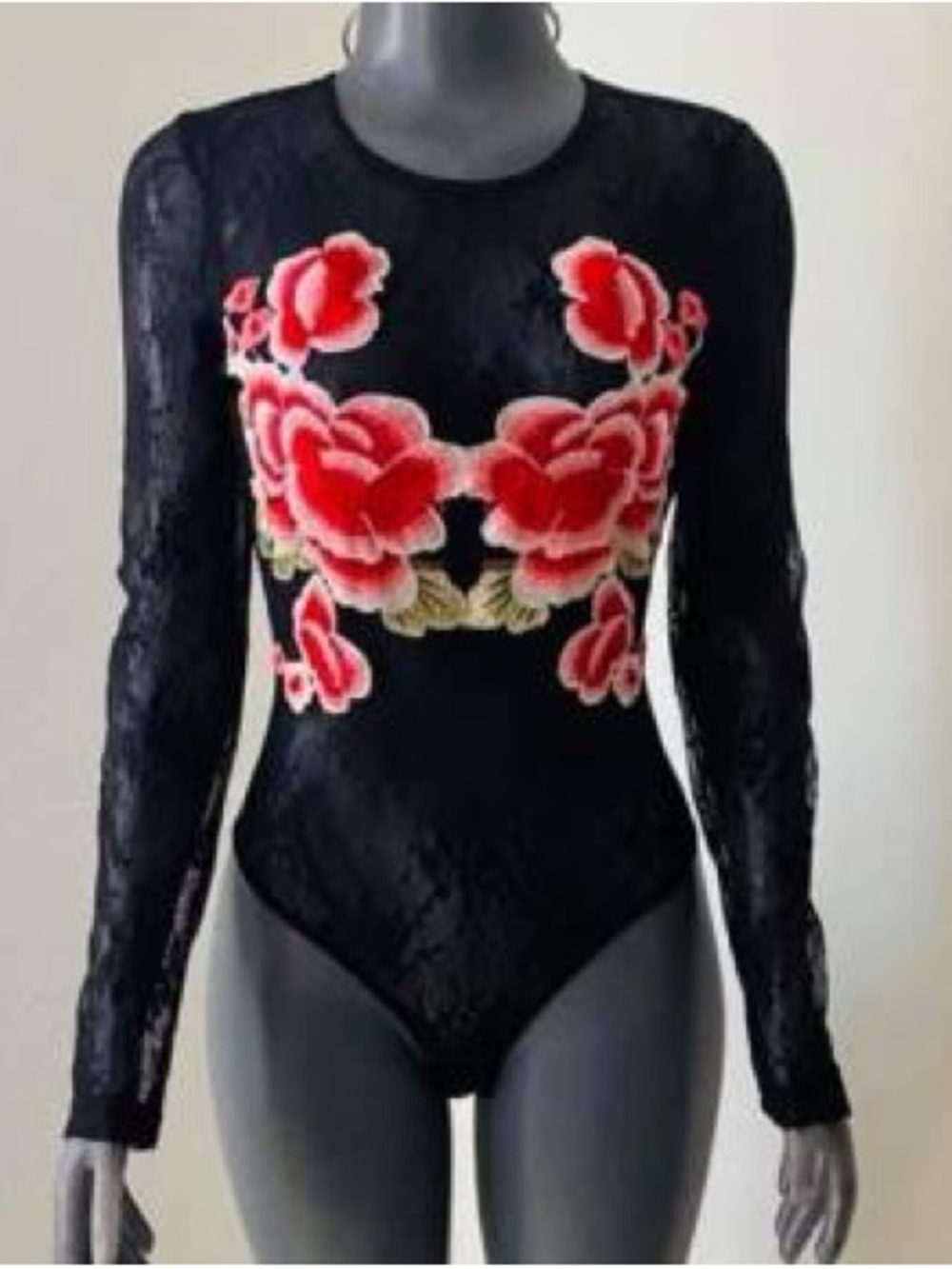 Entry Small sheer black lace long sleeve bodysuit with embroidered roses flowers